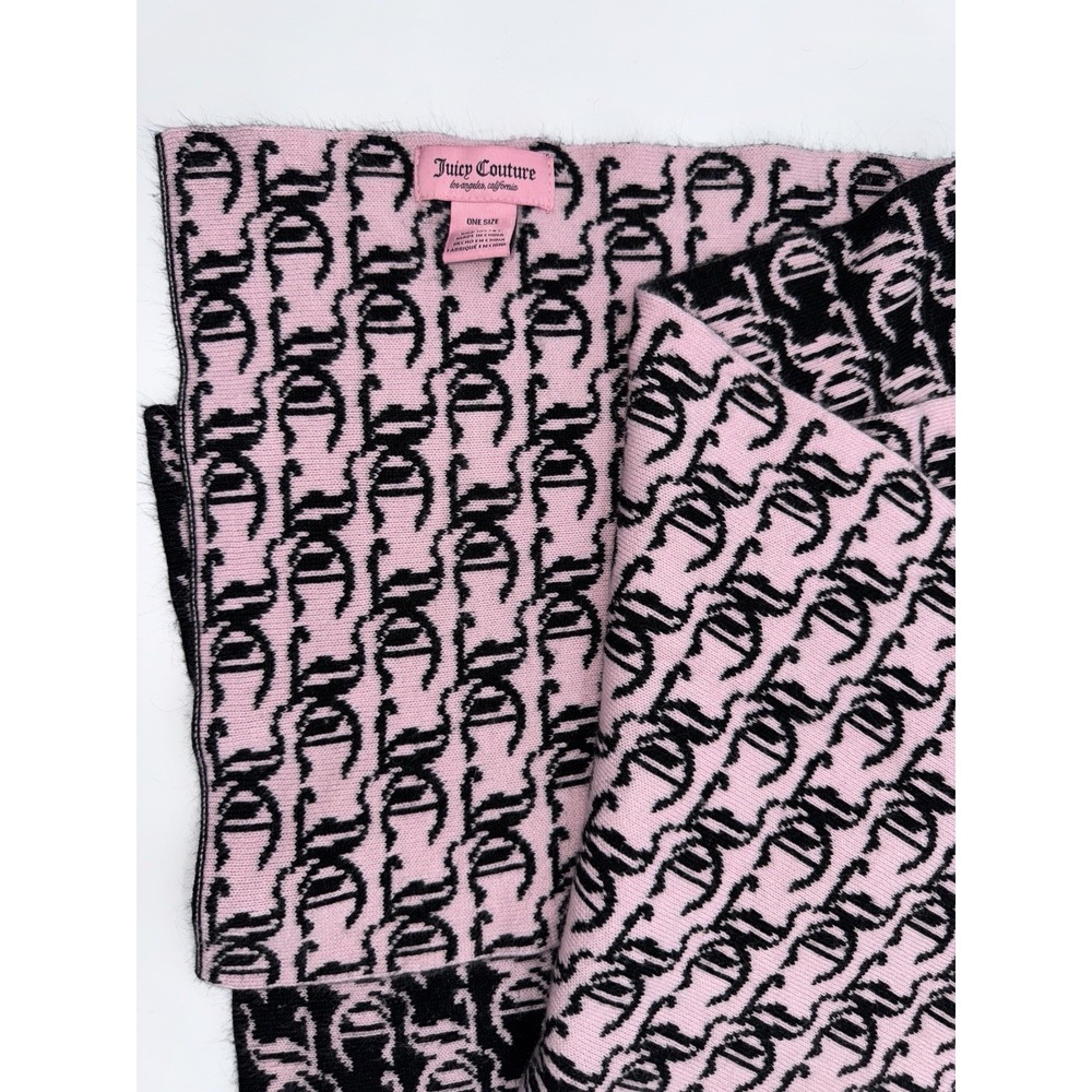 Y2K JUICY COUTURE Pink Black All Over Logo Reversible Knit Scarf Chic Glam Barbi